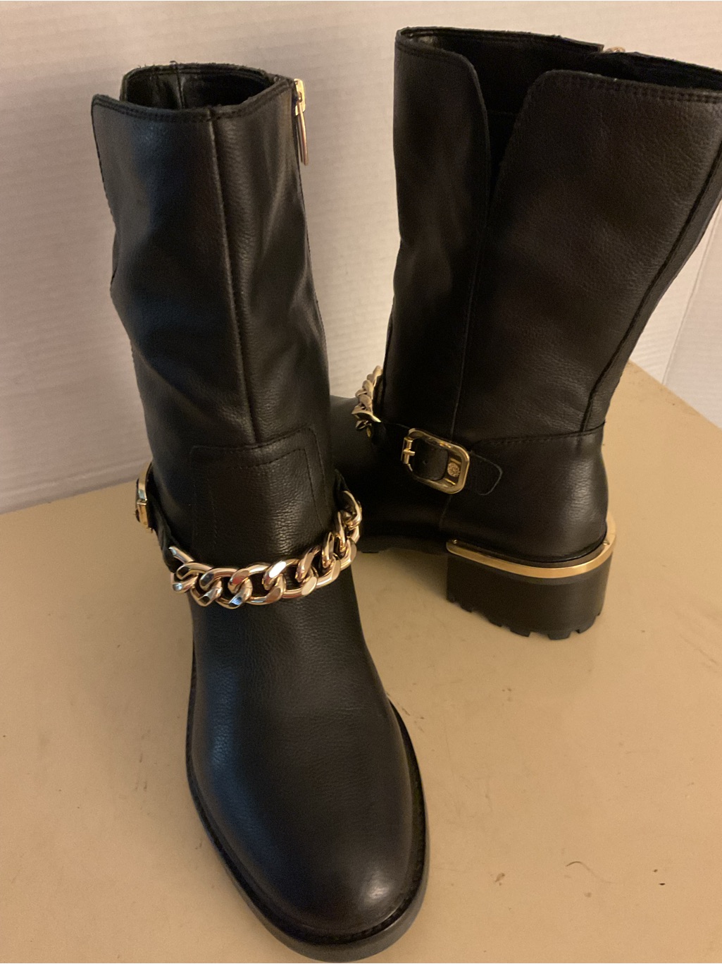 Vince Camuto Women Black Leather Biker Moto Mid-Calf With Gold Chain Boots Us 8